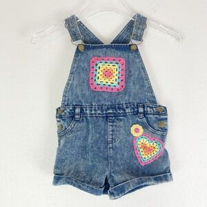 Little Lass Denim Shortalls Girls 6 Crochet Patchwork Cottage Romper Stonewash